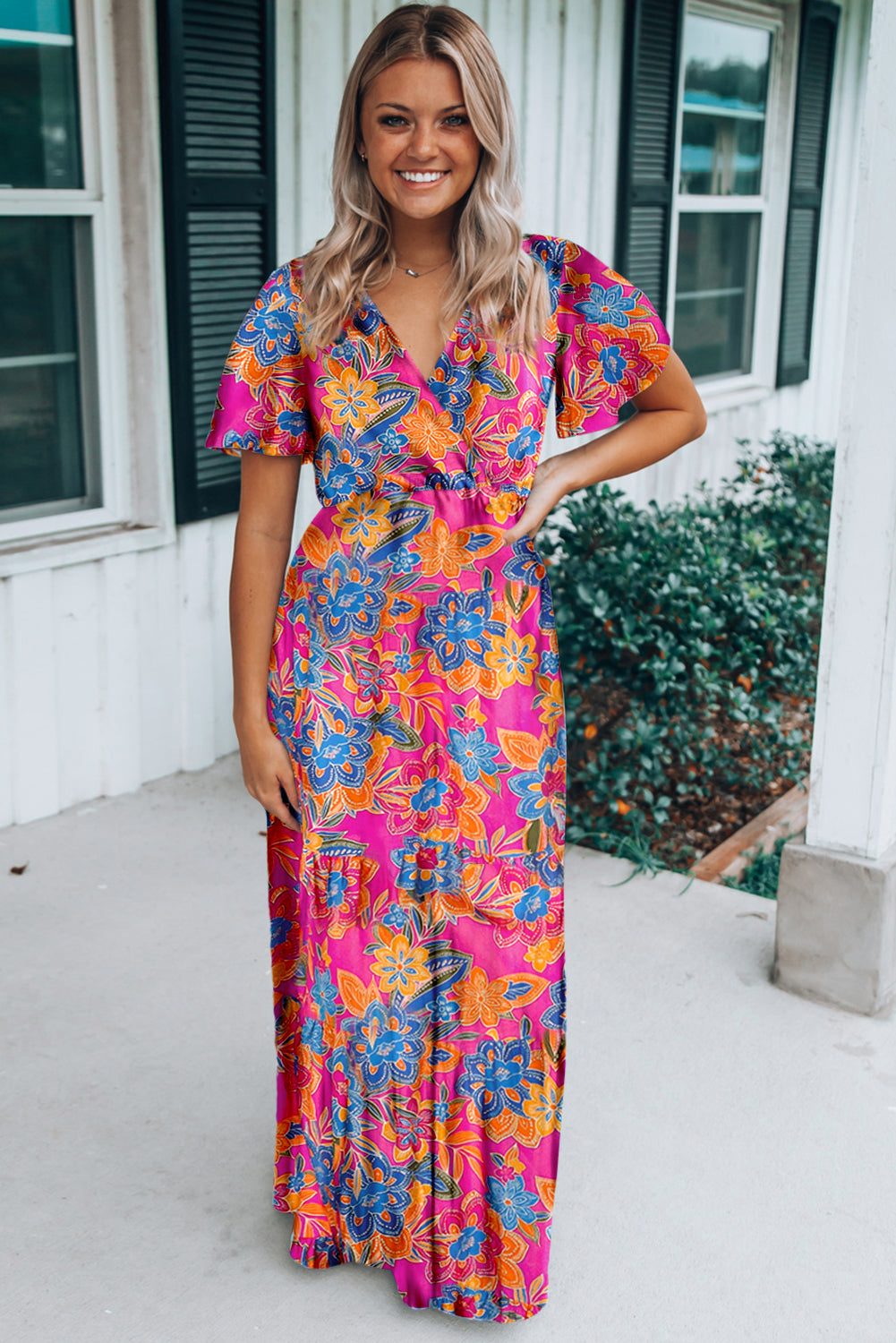 Rose Wrap V Neck Floral Maxi Dress