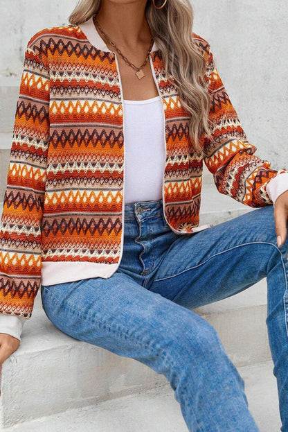 Orange Boho Striped Zip Up Long Sleeve Jacket