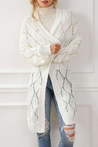 White Rhombus Hollowed Knit Open Front Cardigan