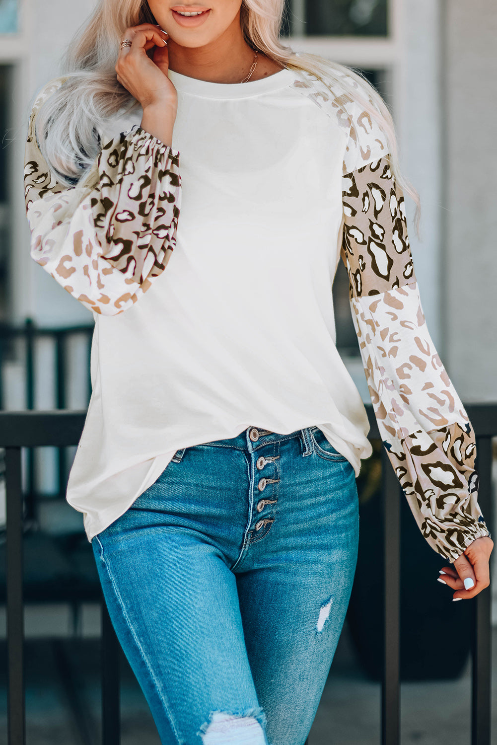 Beige Leopard Print Bubble Sleeve Top