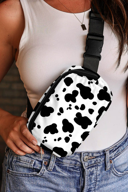 White Cow Pattern Print Buckle Wide Belt Inclined Shoulder Bag