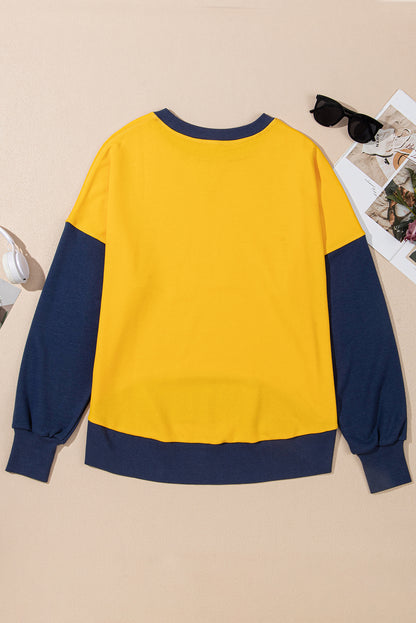 Yellow Color Block Thumbhole Sleeve Drop Shoulder Sweatshirt