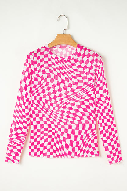 Rose Checkered Pattern Mesh Mock Neck Long Sleeve Top