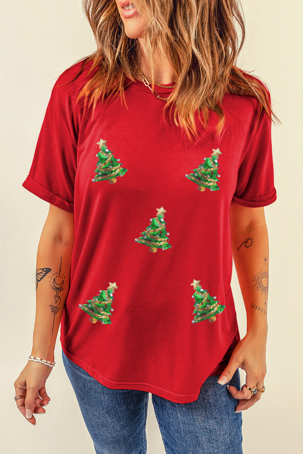 Red Sequined Christmas Tree Graphic Crewneck T Shirt