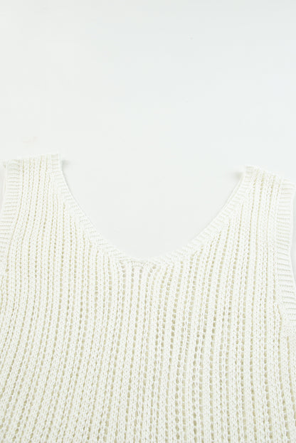 White Hollowed Knit V Neck Tank Top