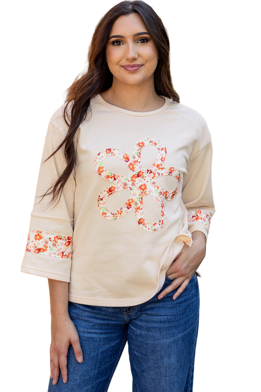 Beige Flower Patch Graphic Exposed Seam Wide Sleeve Top