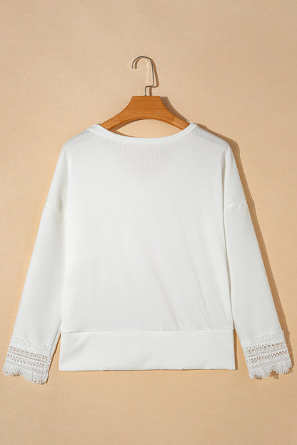 White Ribbed Texture Lace Trim V Neck Long Sleeve Top