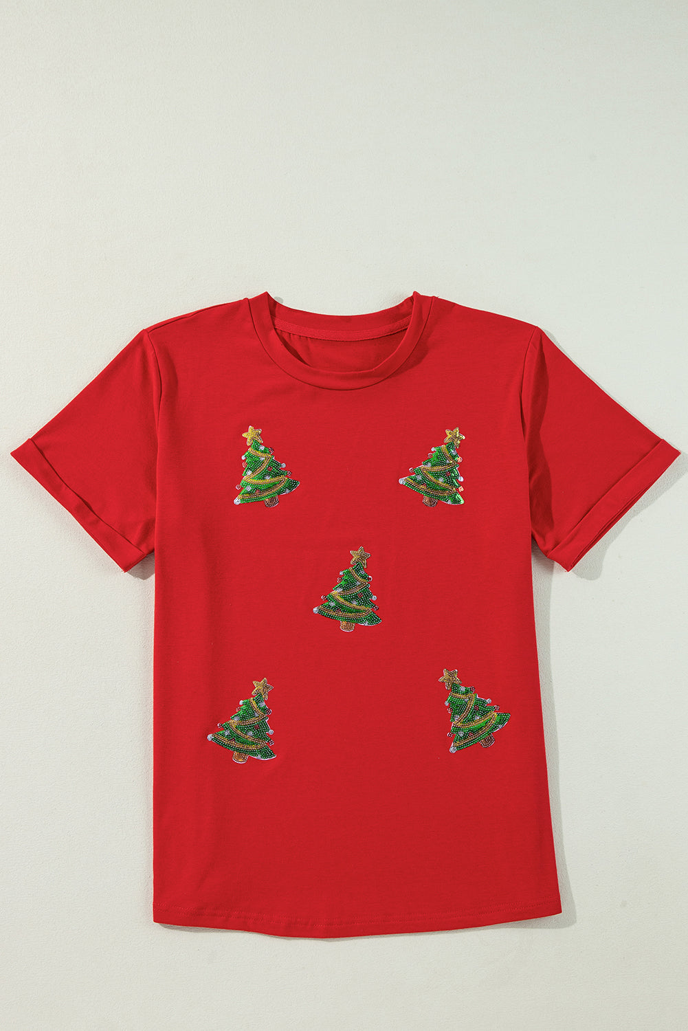 Red Sequined Christmas Tree Graphic Crewneck T Shirt