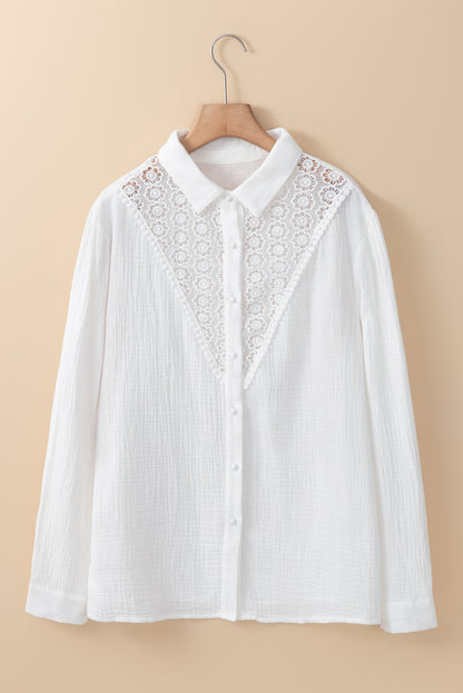 White Floral Lace Hollow-out Splicing Crinkled Shirt