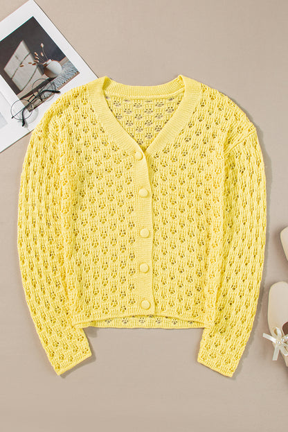 Yellow Pointelle Knit V Neck Sweater Cardigan