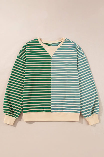 Green Stripe Colorblock Drop Shoulder Oversize Sweatshirt