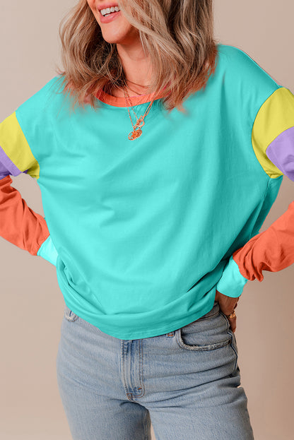 Light Blue Colorblock Patchwork Long Sleeve Loose Top