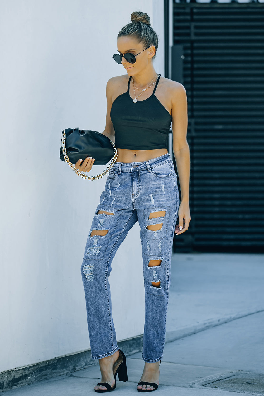 Sky Blue Buttoned Pockets Distressed Jeans