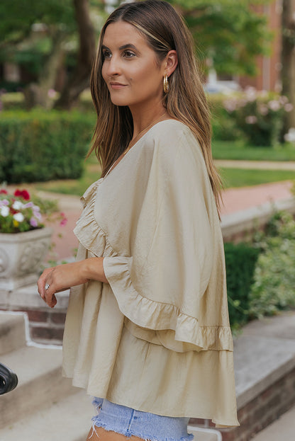 Apricot V Neck Draped Batwing Sleeve Ruffle Blouse