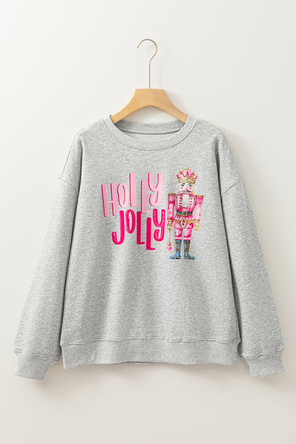 Gray HOLLY JOLLY Nutcracker Print Crew Neck Christmas Sweatshirt