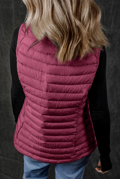 Burgundy Plush Collared Quilted Zipped Puffer Vest