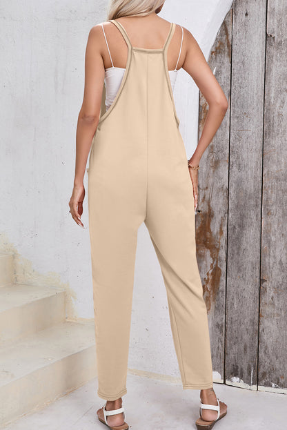 Apricot Side Pockets Harem Pants Sleeveless V Neck Jumpsuit