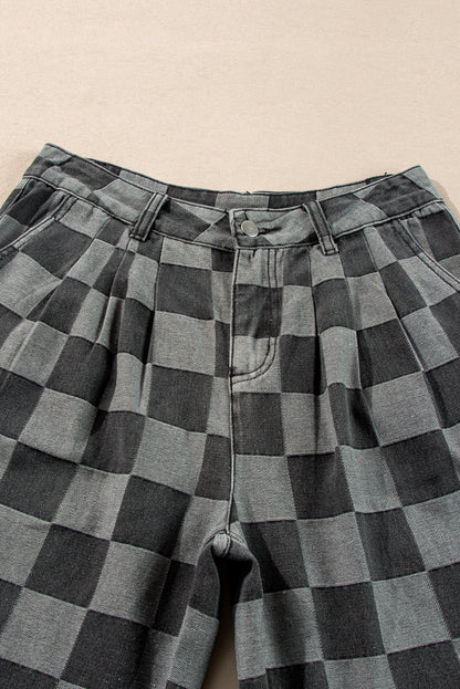 Dark Grey Checkered Denim Wide Leg Jeans