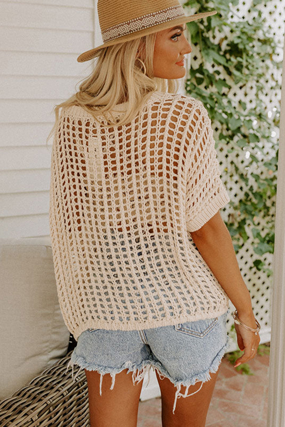 Apricot Fishnet Knit Ribbed Round Neck Short Sleeve Sweater Tee