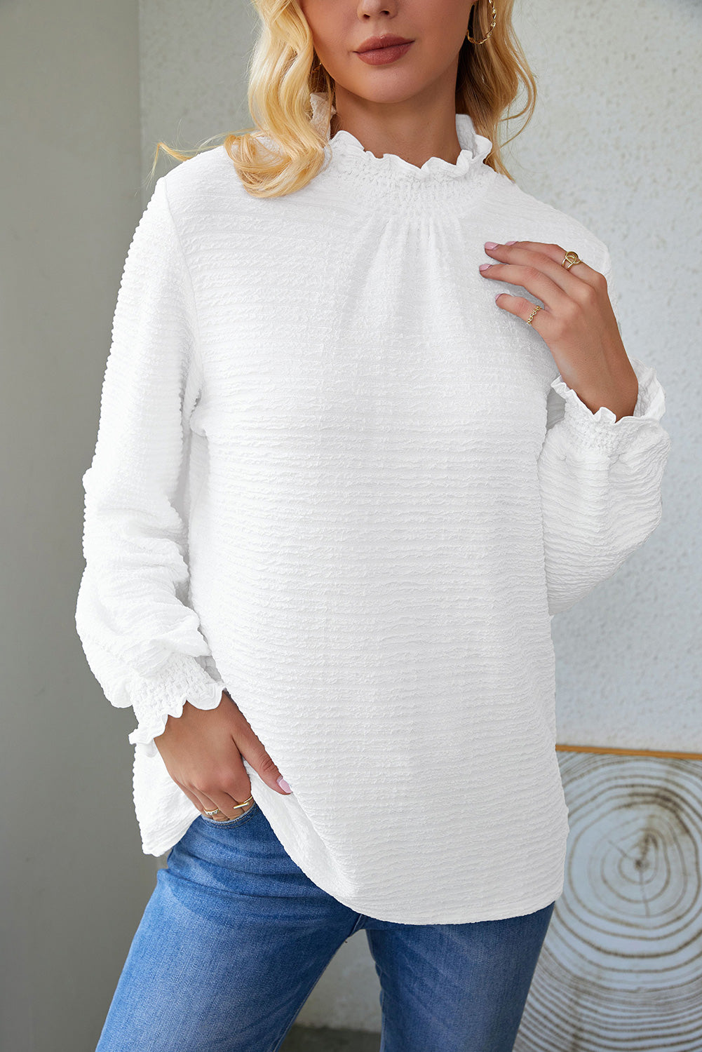 White Frilled Smocked Neck Textured Bishop Sleeve Blouse