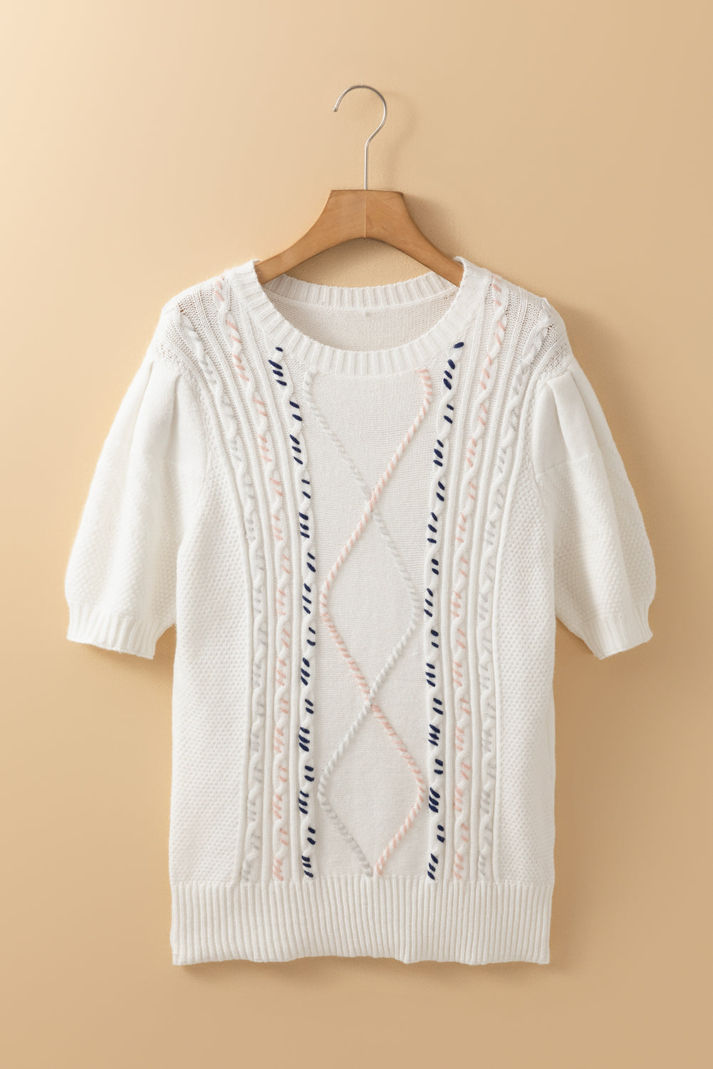 White Multicolor Stitch Detail Cable Knit Short Sleeve Sweater