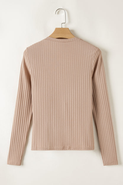 Straw Yellow Ribbed Knit V Neck Long Sleeve Slim Fit Top