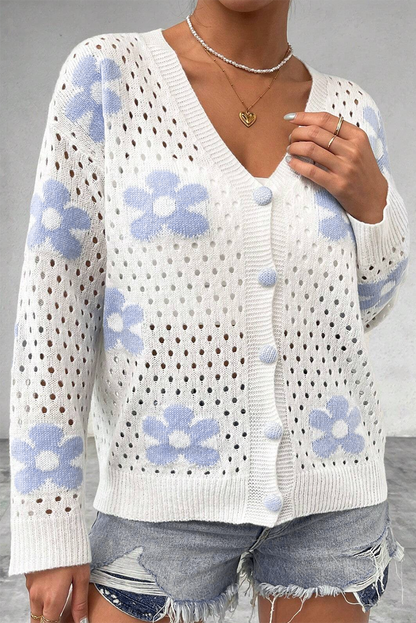 White Flower Knit Hollow Out Open Short Cardigan