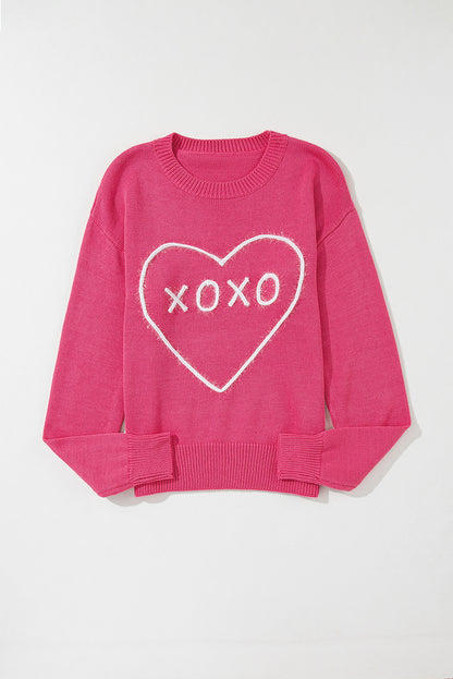 Rose Heart XOXO Pattern Drop Shoulder Rib Knit Sweater