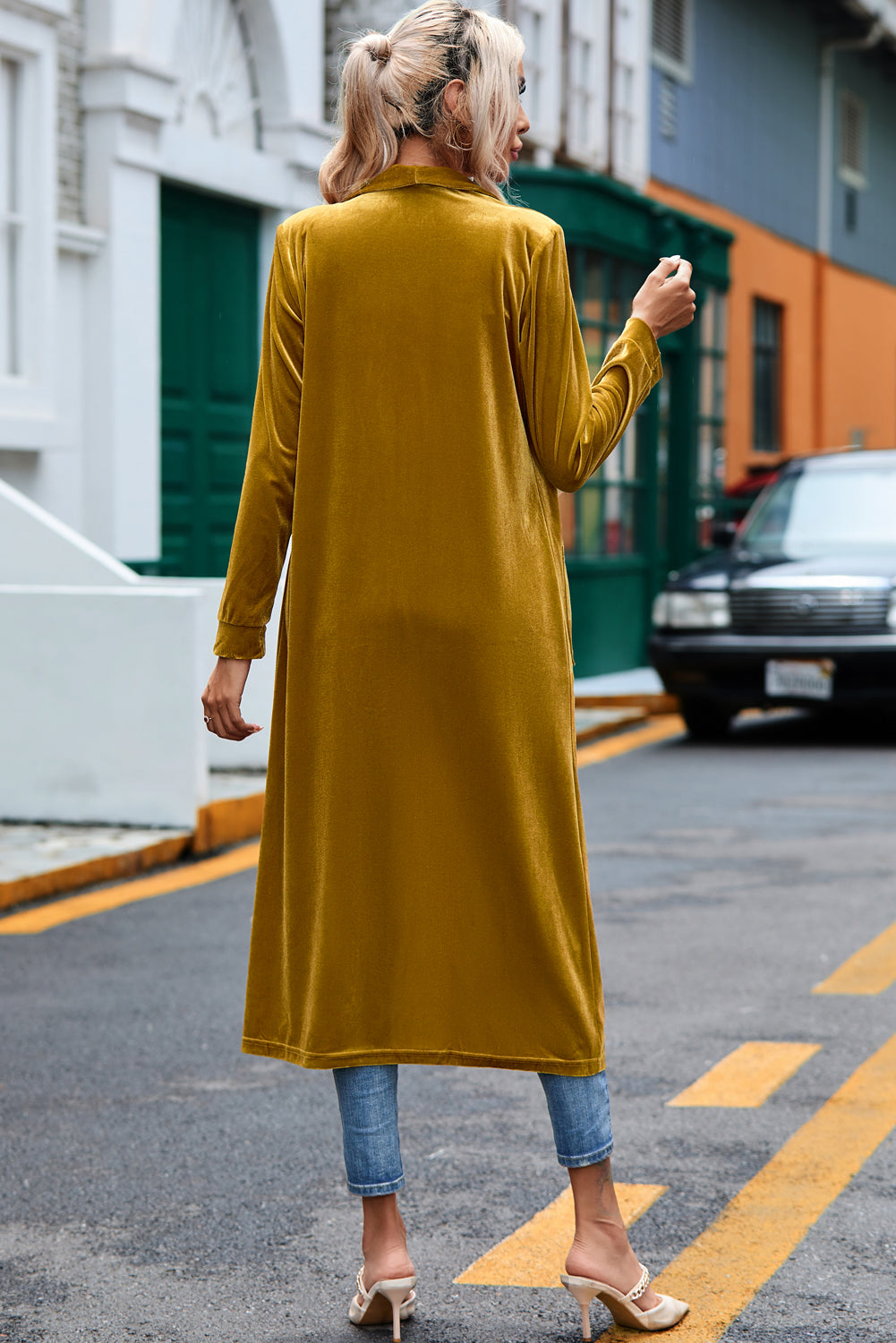 Yellow Velvet Open Front Pocketed Long Duster