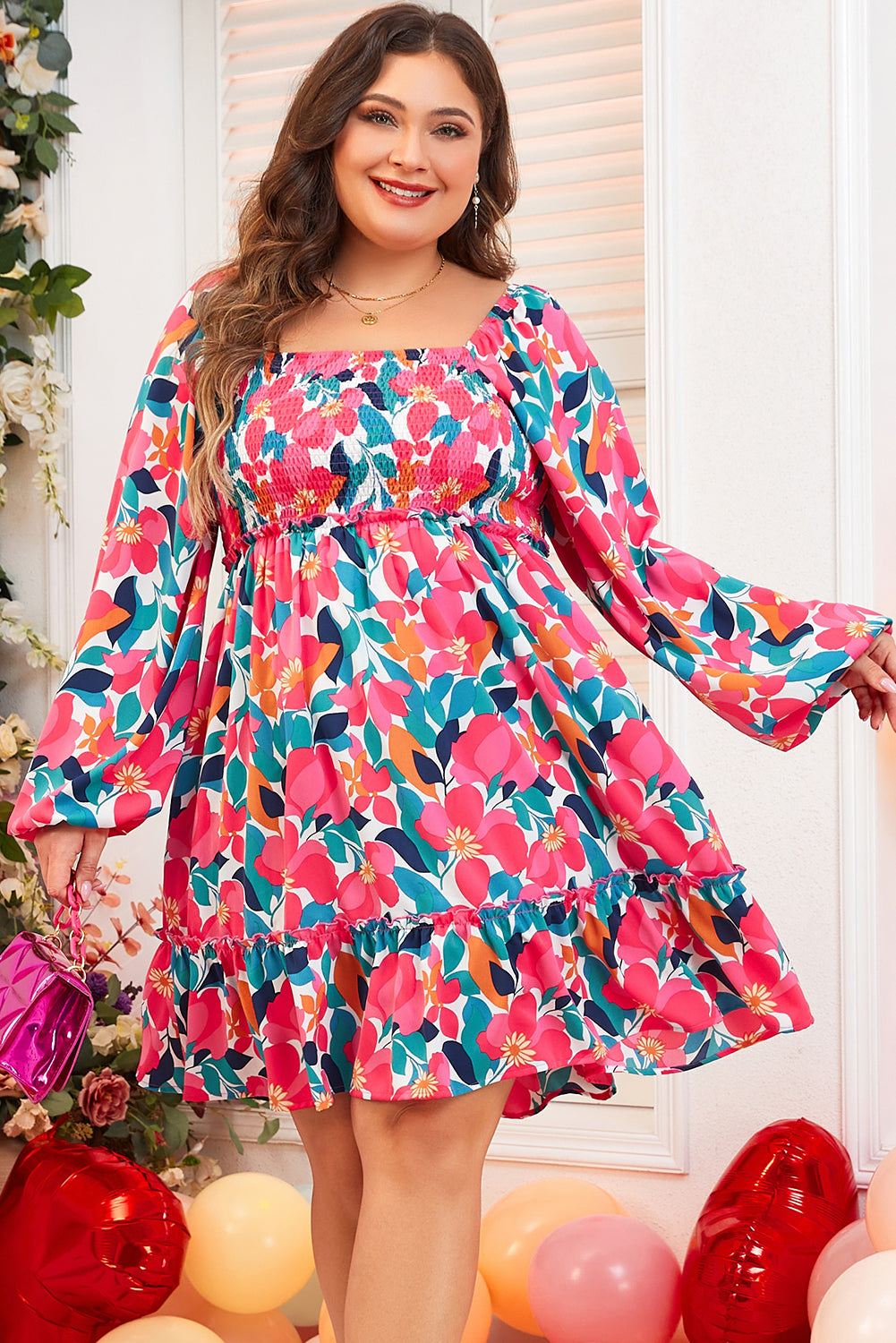 Rose Flower Print Smocked Square Neck Plus Size Dress