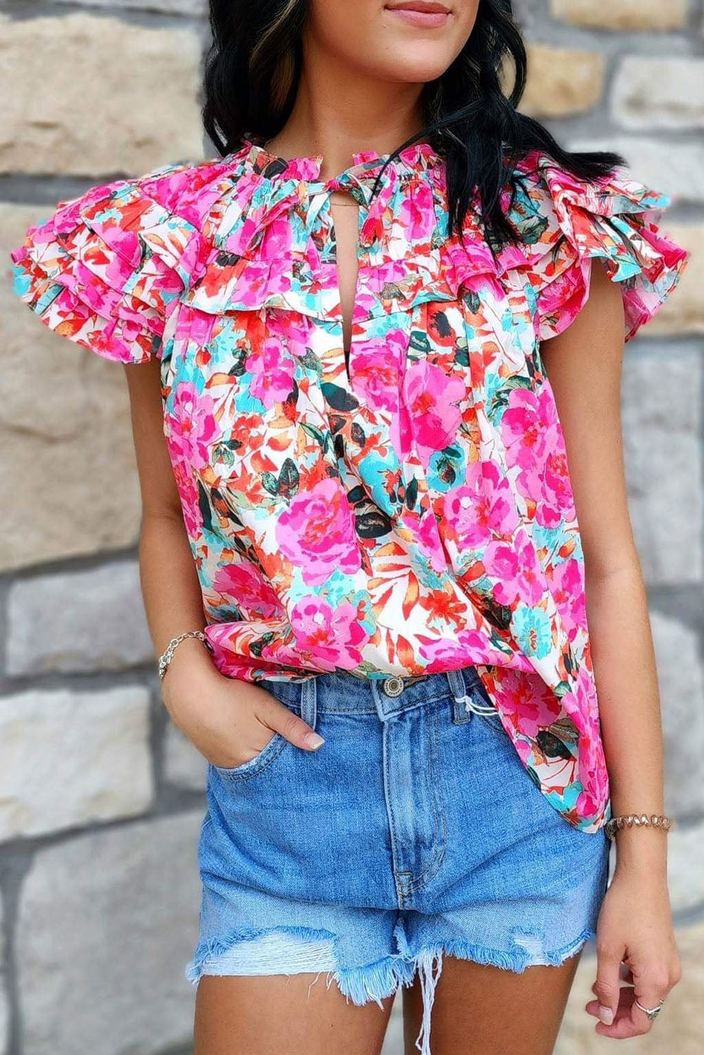 Rose Ruffle Flutter Sleeve Floral Print Blouse