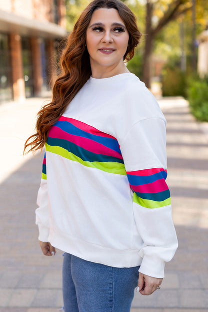 White Plus Size Colorful Striped Drop Shoulder Loose Sweatshirt