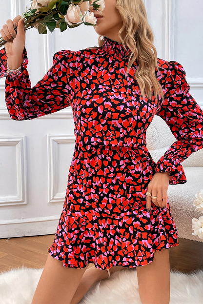 Red Valentines Day Heart Shape Print Long Sleeve Mini Dress