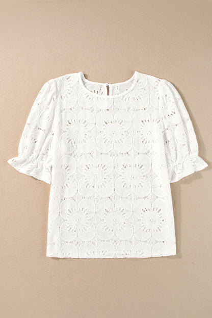 White Flower Eyelet Jacquard Keyhole Flounce Sleeve Top