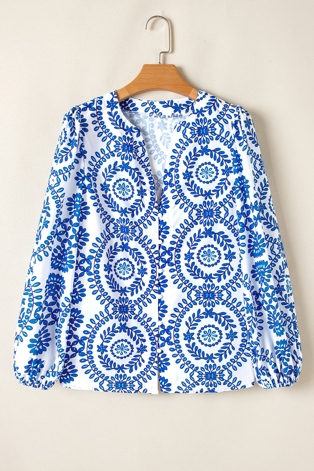 Sky Blue Vintage Geometric Printed Puff Sleeve Slit V Neck Shirt