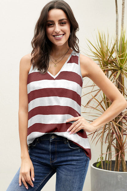 Red Striped V Neck Tank Top