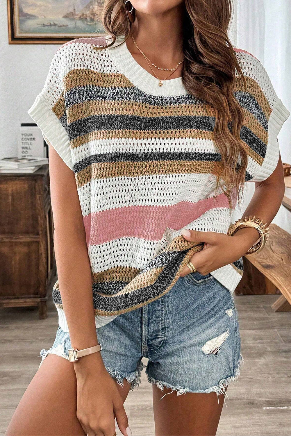 Pink Stripe Color Block Eyelet Knit Short Sleeve Sweater Tee