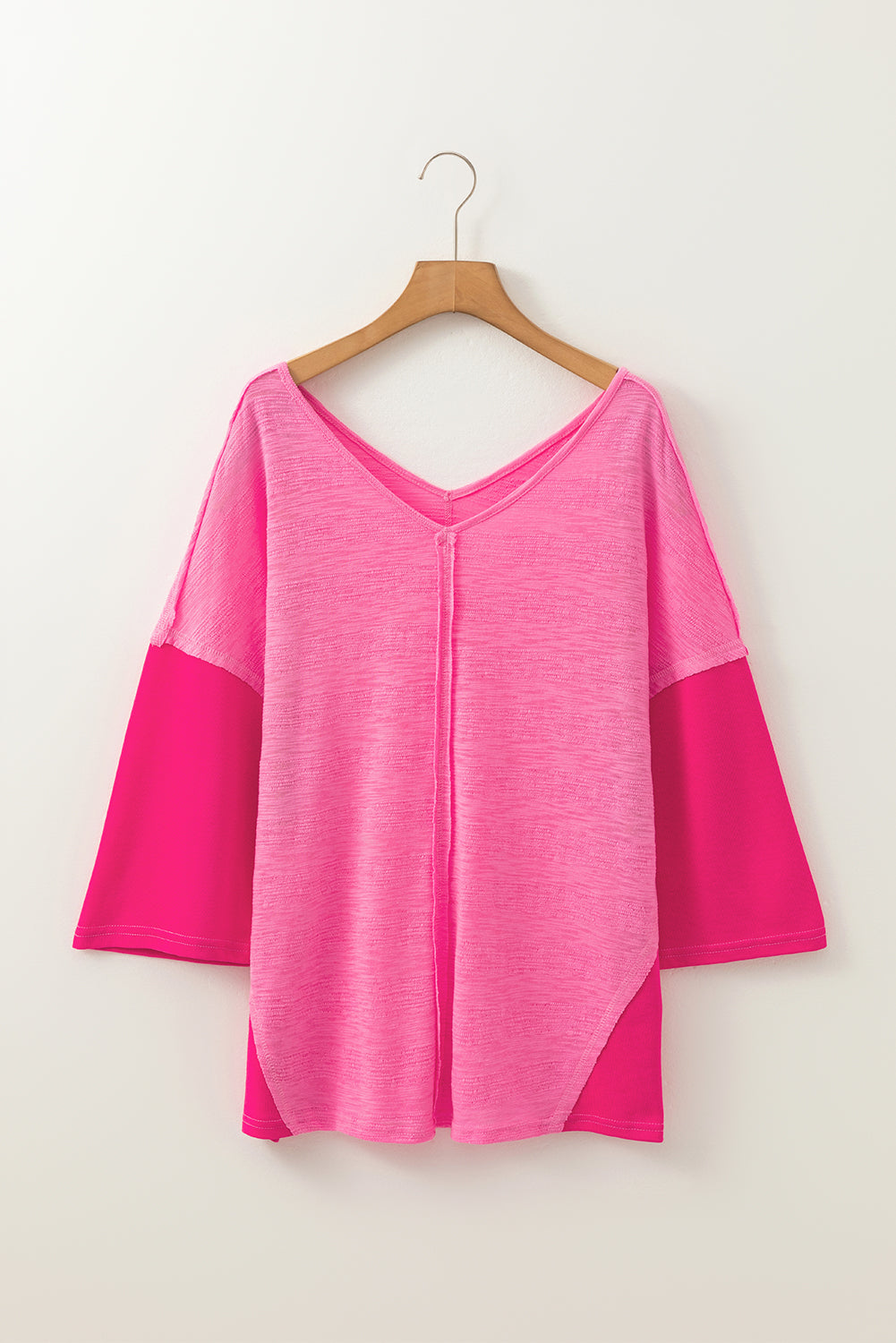 Sachet Pink Contrast Patchwork 3/4 Sleeve V Neck Loose Blouse