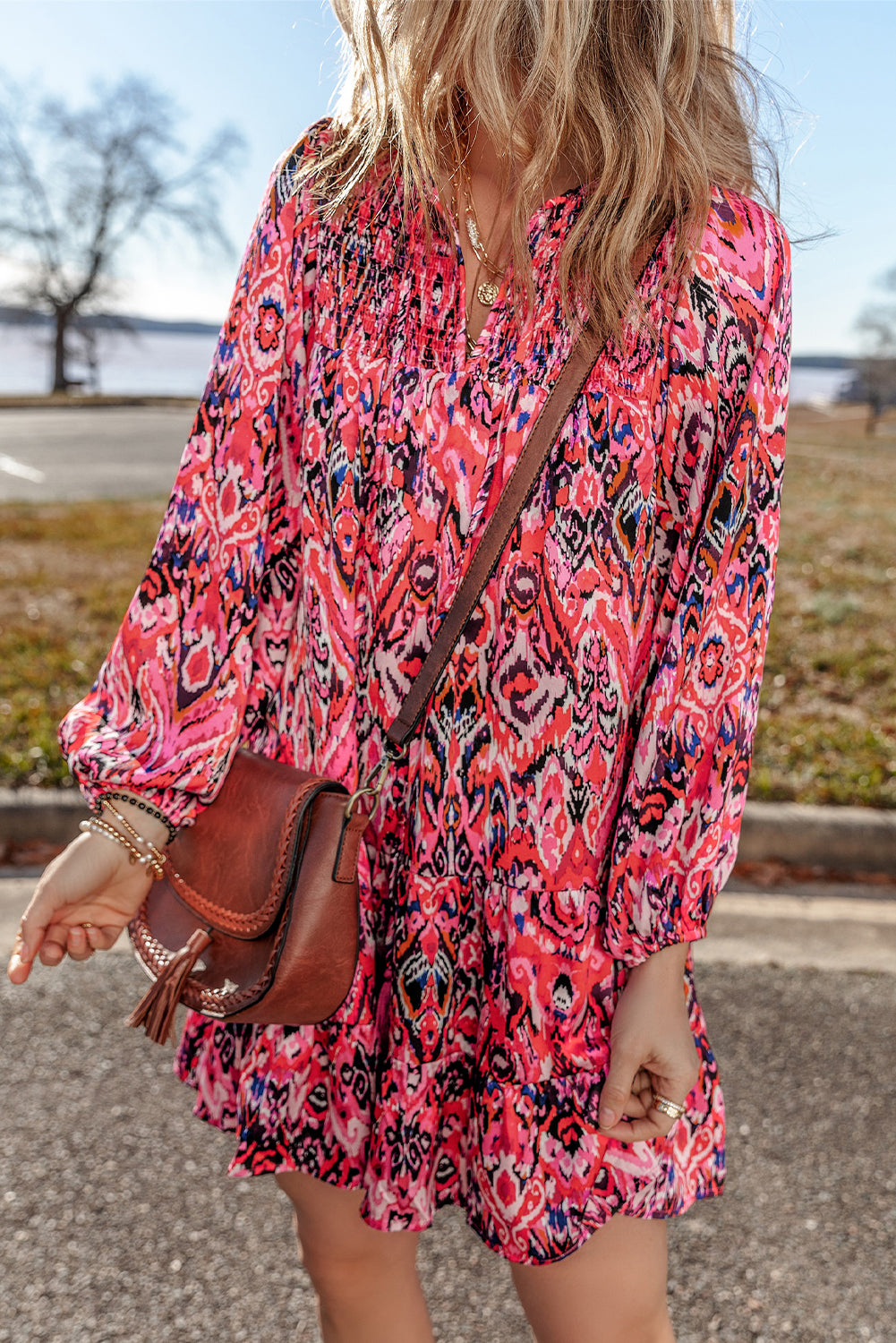 Rose Abstract Printed Tassel Tied Neck Long Sleeve Ruffled Mini Dress