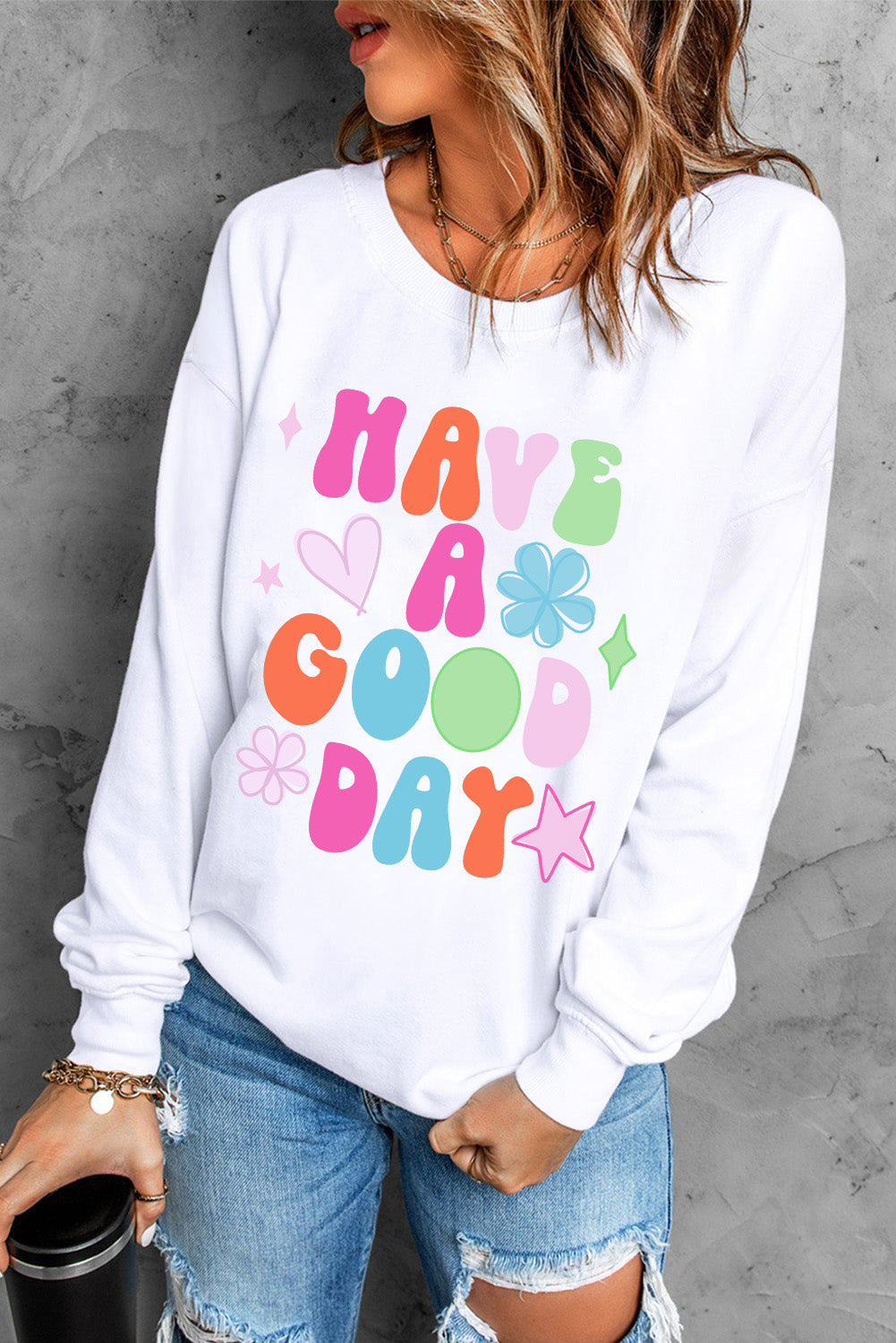 Beige HAVE A GOOD DAY Drop Shoulder Graphic Sweatshirt