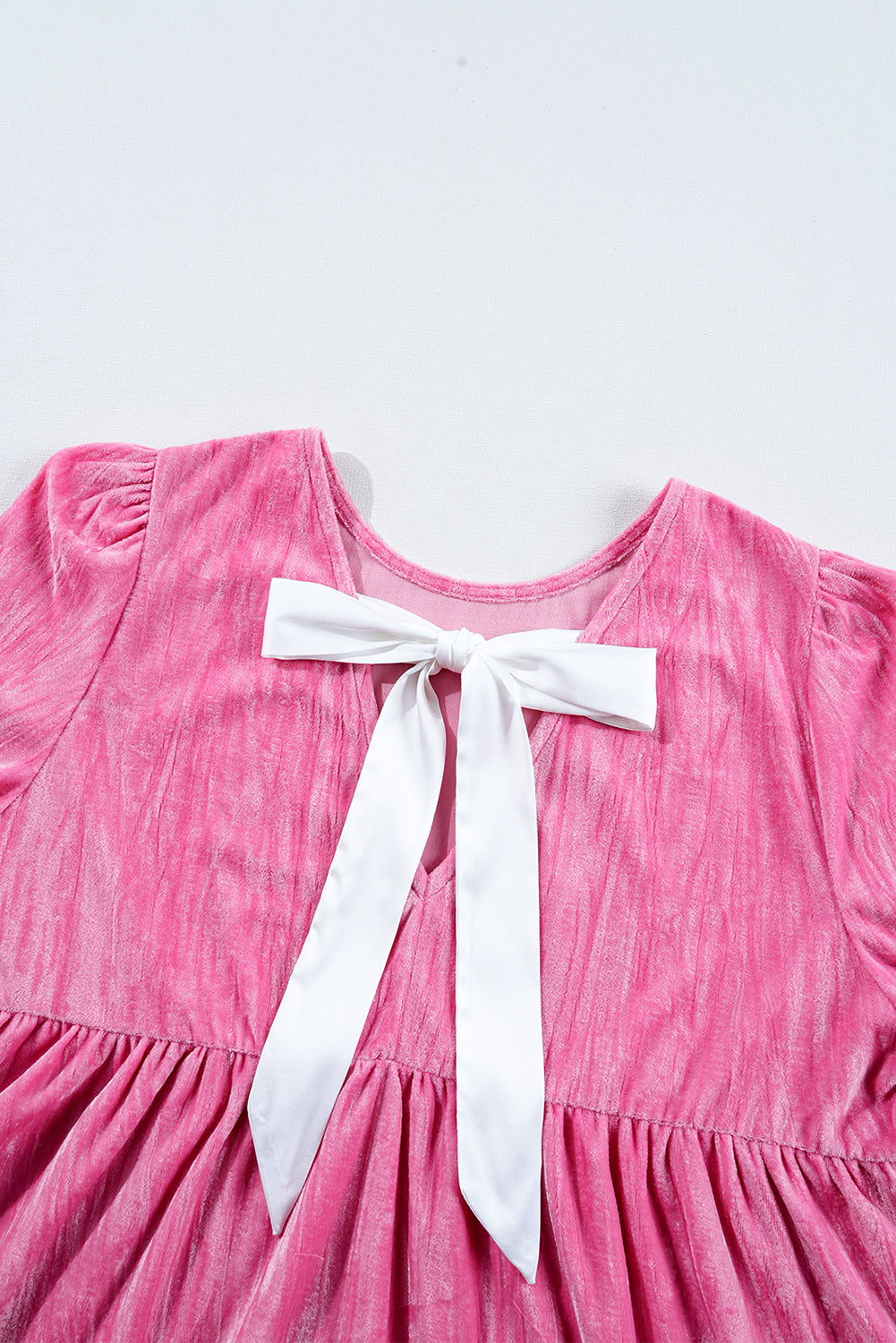 Strawberry Pink Flounce Sleeve Tiered Ruffled Velvet Mini Dress