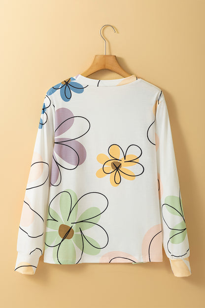 Beige Flower Print Crew Neck Long Sleeve T Shirt