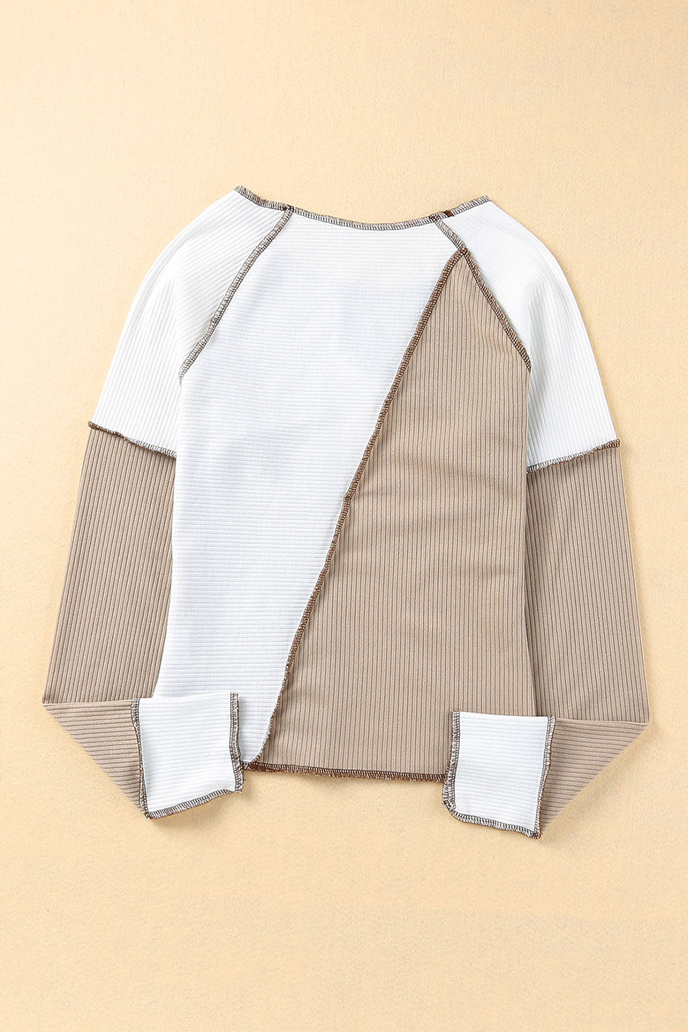 White Irregular Color Block Seaming Trim Rib Knit Top