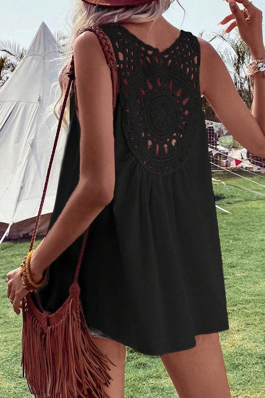 Black Bohemian Crochet Patchwork Sleeveless Tunic