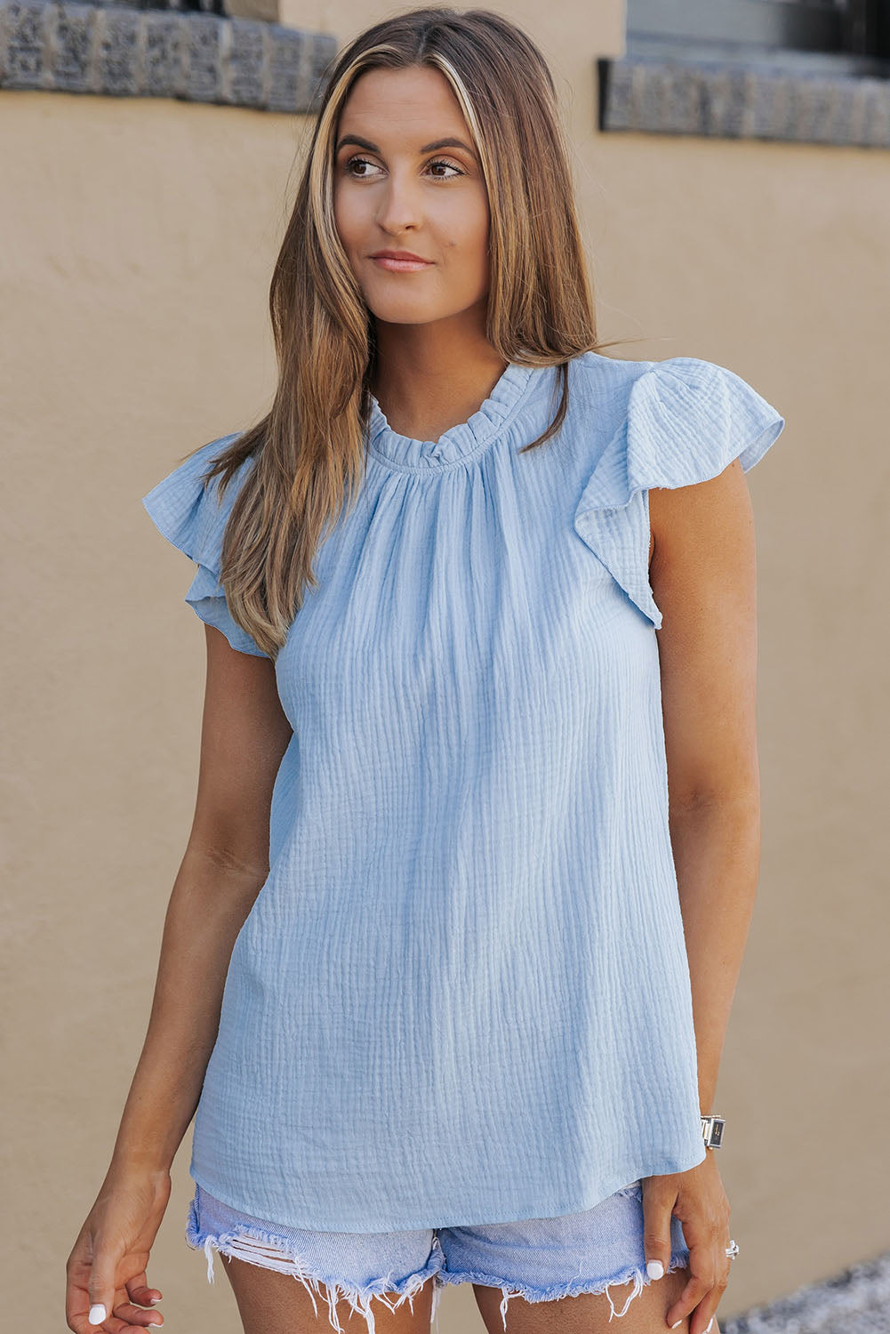 Sky Blue Flutter Sleeve Frilled Neck Textured Blouse