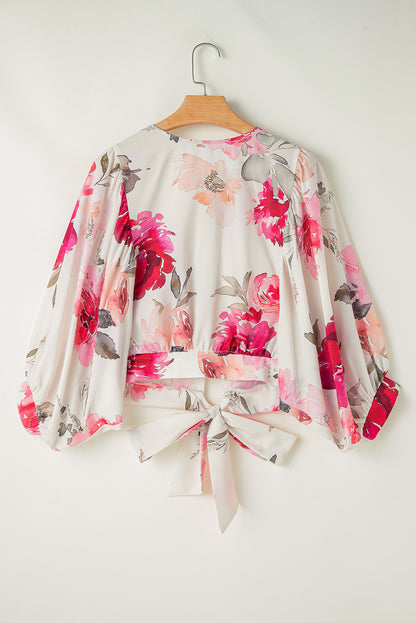 Rose Floral 3/4 Sleeve Lace-up Back Blouse