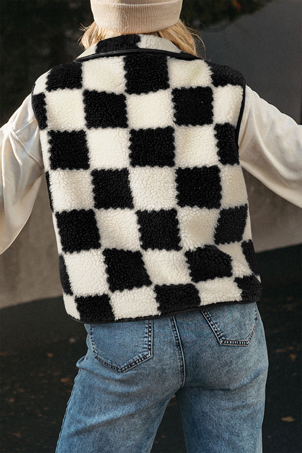 Black Checkered Sherpa Collared Jacket Vest