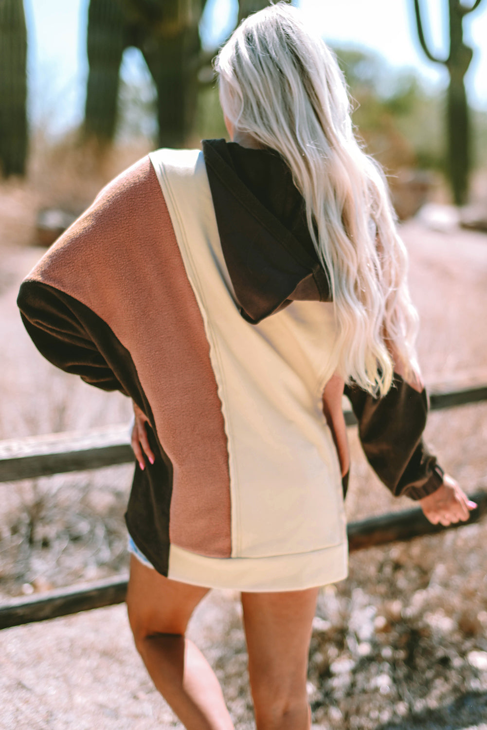 Beige Oversized Color Block Patchwork High Low Hoodie