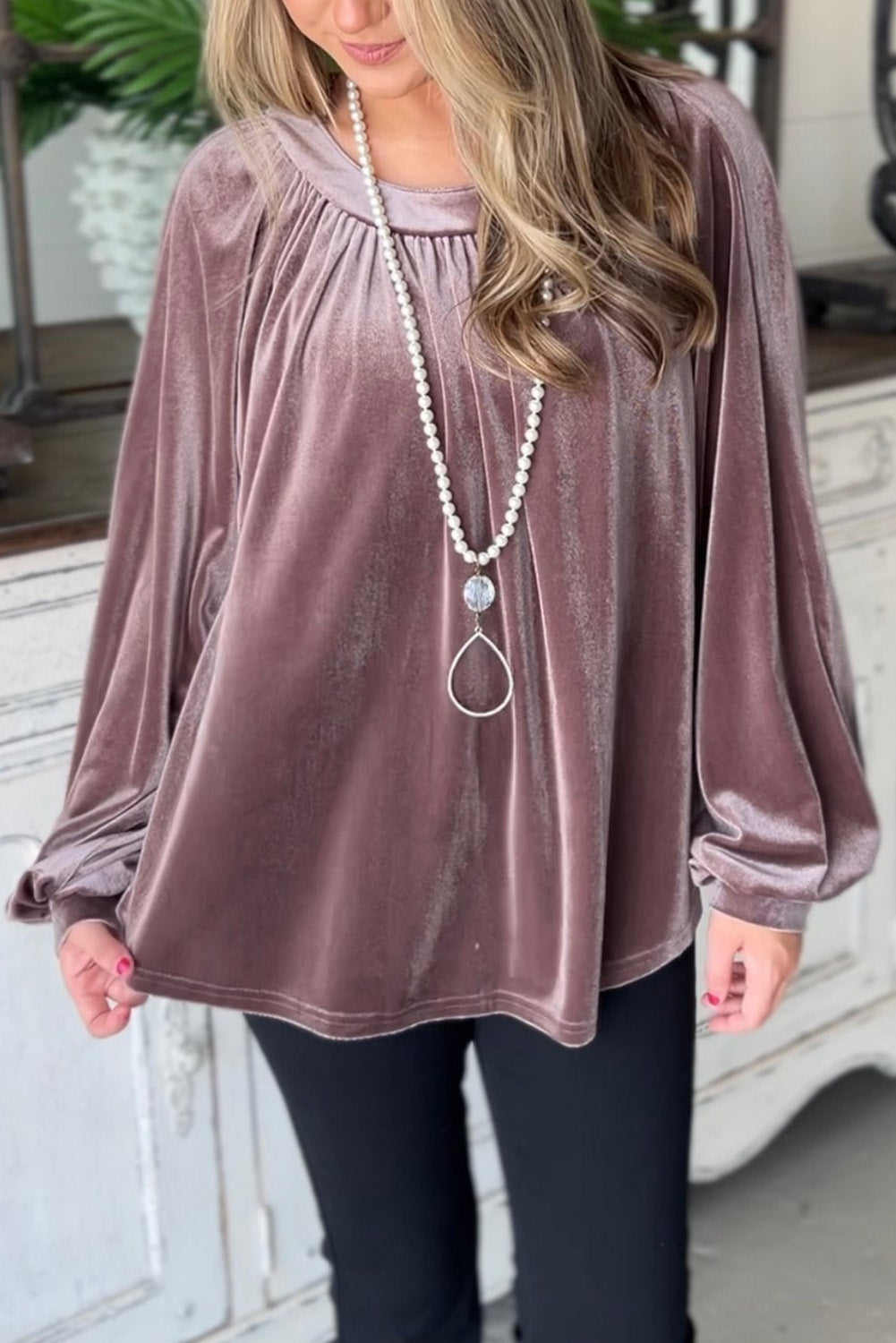 Rose Tan Button Keyhole Back Velvet Swing Top