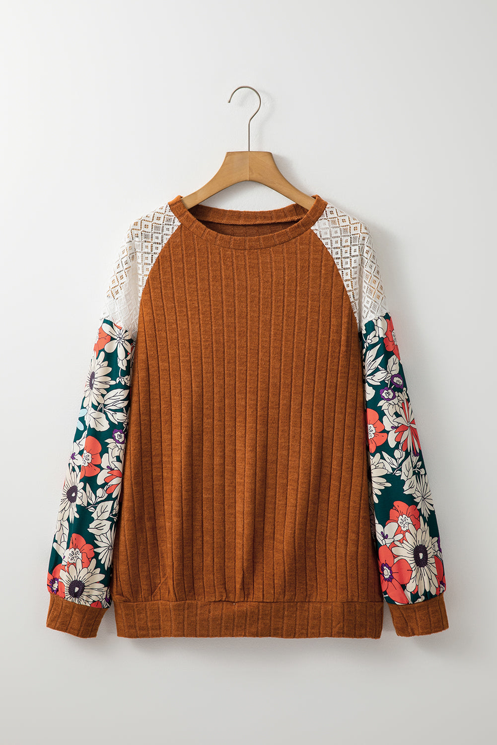 Cinnamon Floral Patchwork Long Sleeve Ribbed Blouse